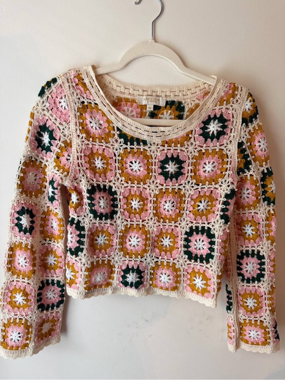 Rebellion Crochet Granny-Square Sweater in Pink, Cream, Mustard & Dark Green